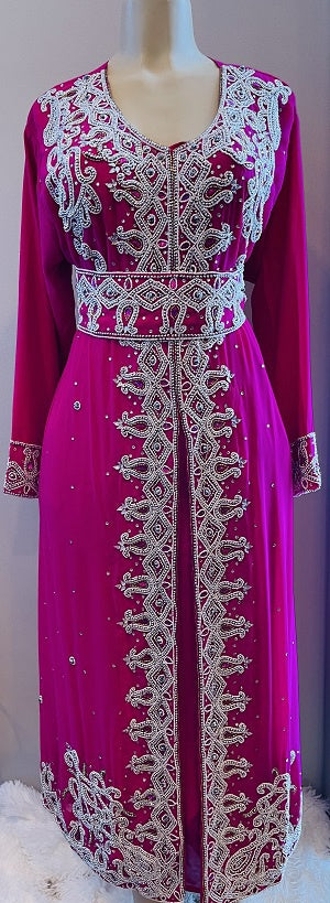 GENERIC Beaded Gown Pink Silver White and Pink Stones with Belt