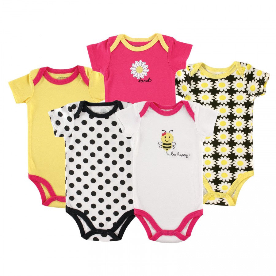 LUVABLE FRIENDS Baby Bodysuit 5PCS Set Pink & Yellow