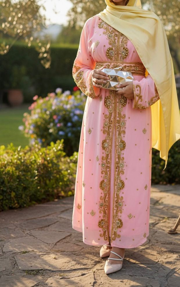 Gown Beaded Kaftan Stonework Chocolate / Peach