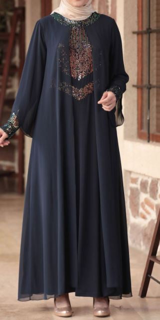 Dress Navy Sequin Details Gown Style