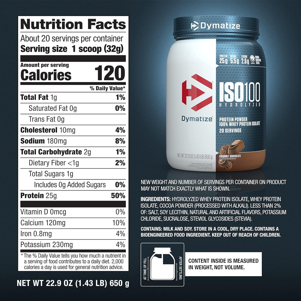 DYMATIZE Supplement ISO100 Hydrolyzed Protein Powder Gourmet Chocolate 1.43LB