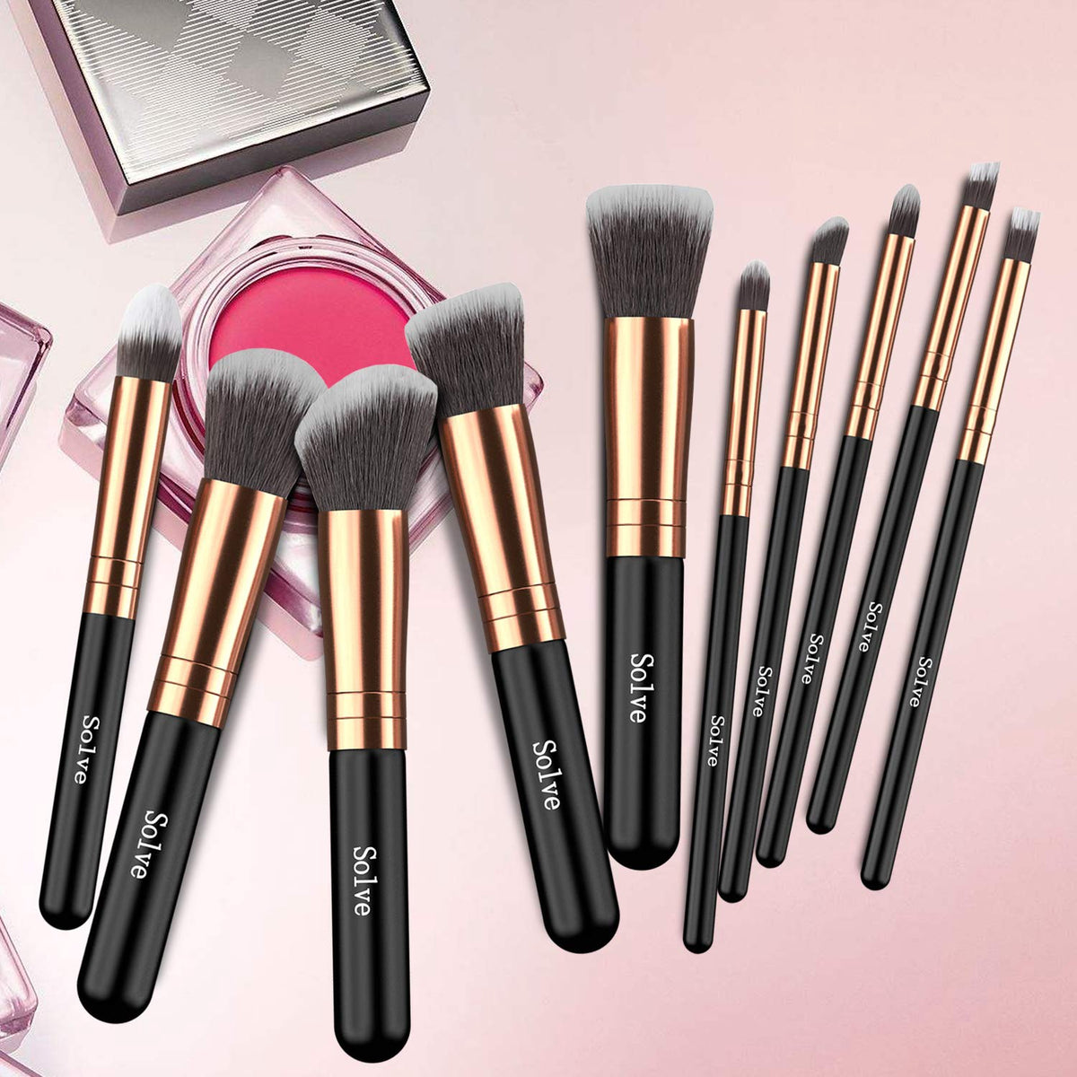 Makeup Brushes Solve Premium Makeup Brush Set Synthetic Cosmetics Foundation Powder Concealers Blending Eye Shadows Face Kabuki Makeup Brush Sets 10PCS Rose Golden