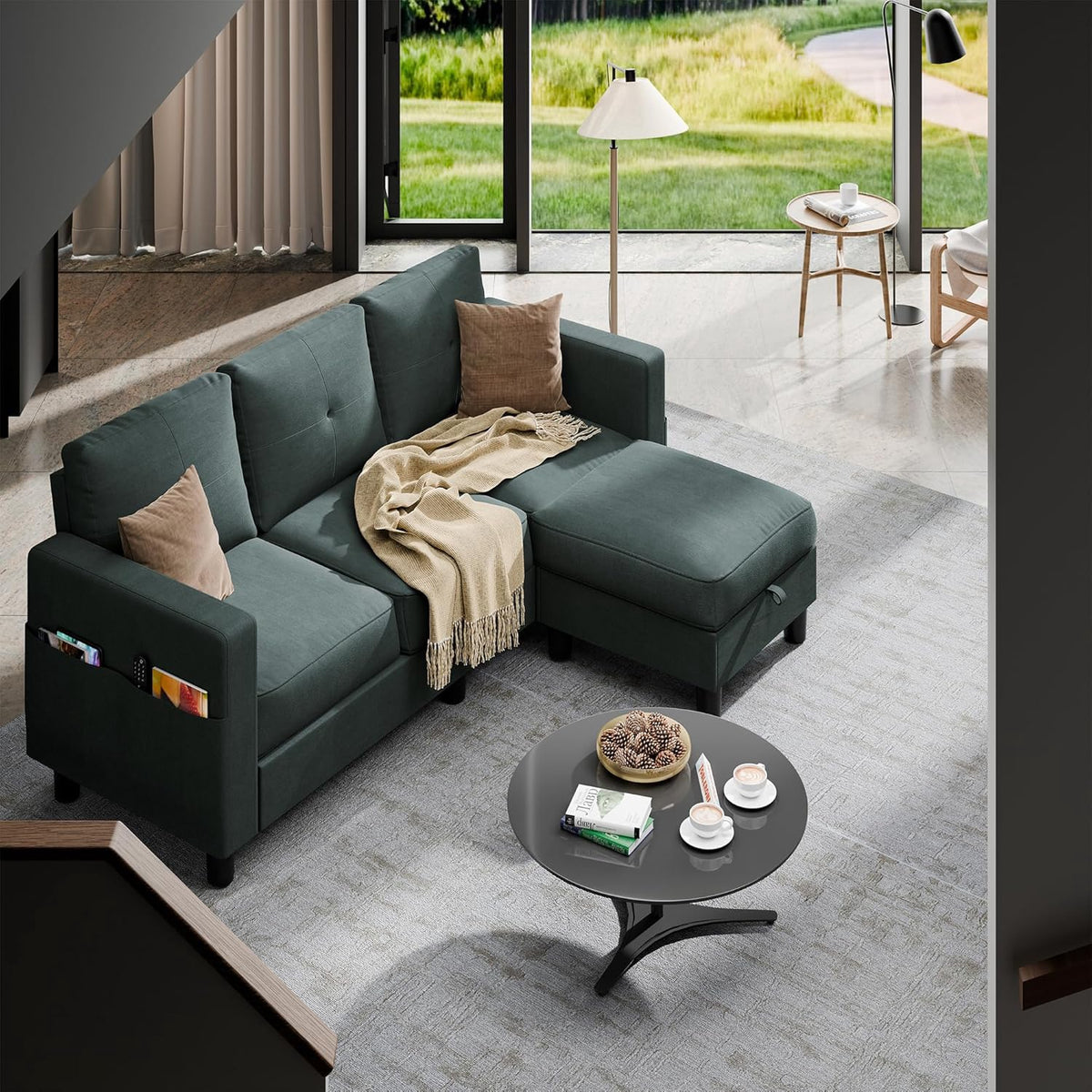 Sofa Sectional Dark Grey 3 Seat W/STORAGE Ottoman