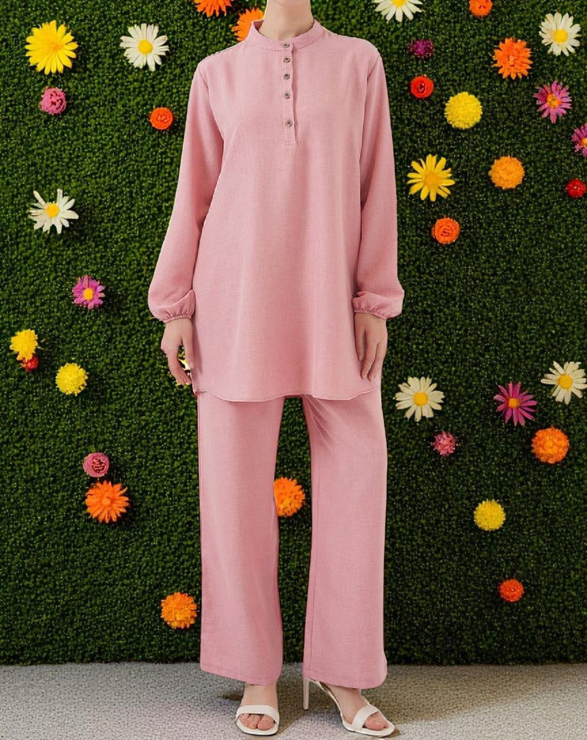 Pants Suit 2PC Set Pink / Beige