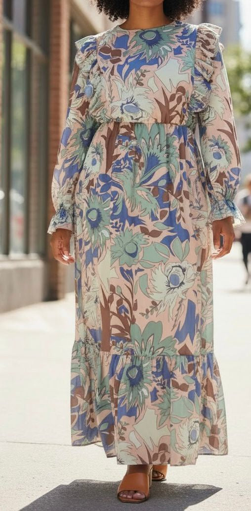 Dress Plus Lined Floral Blue Taupe Navy