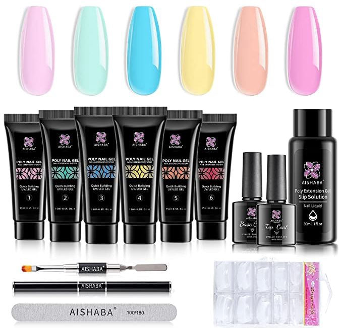Nail Poly Gel Kit Extension 6 Pcs Clear Pink Green Blue Yellow Red Aishaba