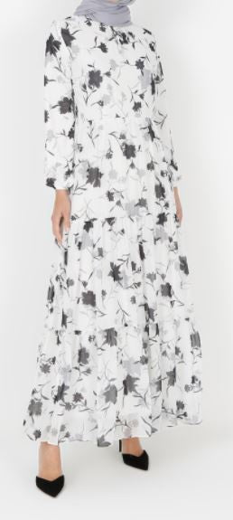 Dress Floral Lined Chiffon Black & White