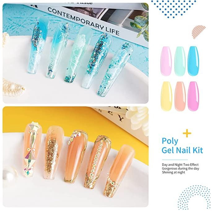 Nail Poly Gel Kit Extension 6 Pcs Clear Pink Green Blue Yellow Red Aishaba