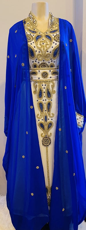 GENERIC Gown Beaded Ecru with Royal Blue Throw and Band