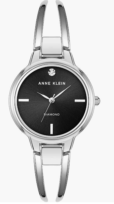 ANNE KLEIN Watch Women Genuine Diamond Dial Open Bangle Silver 2627BKSV