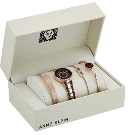ANNE KLEIN Watch Set Women Crystal Accented with Bracelets Burgandy & Rose Gold 3286BYST