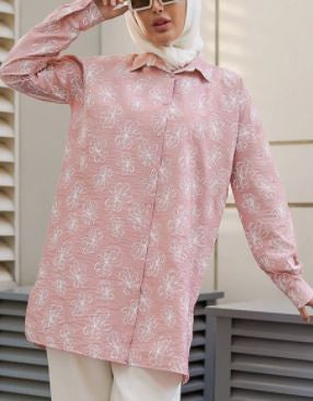 Top Tunic Floral Print Button Down Pink / Taupe