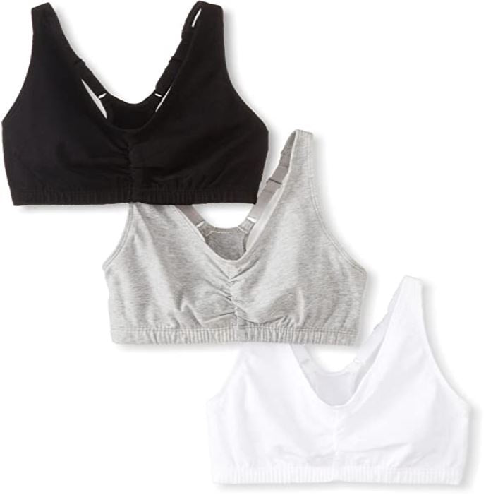 FRUIT OF THE LOOM Women Sports Bra Shirred Front Racerback 3PACK BLACK/WHITE/GREY