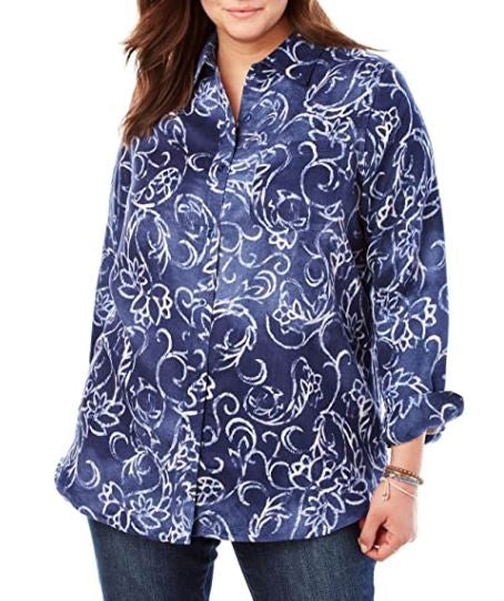 WOMAN WITHIN Women Plus Shirt Blue Print Sueded
