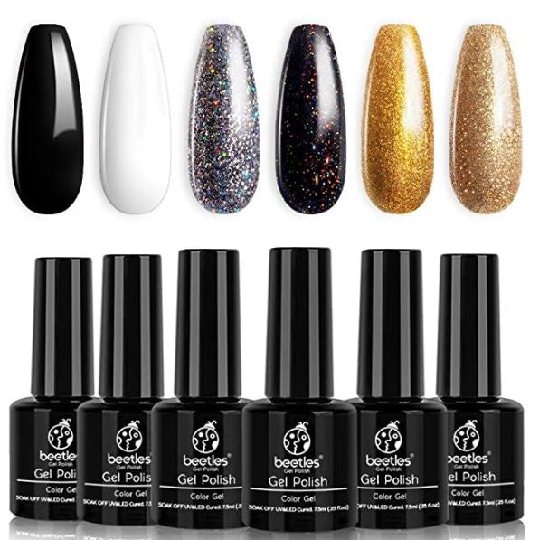 BEETLES Nail Black Gold Glitter 6PCS White Silver Rose Glitter