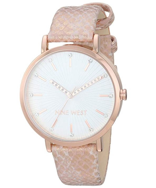 NINE WEST Watch Women's Crystal Accented Rose GOLD-TONE and Pink Snake Patterned Strap NW/2382RGPK