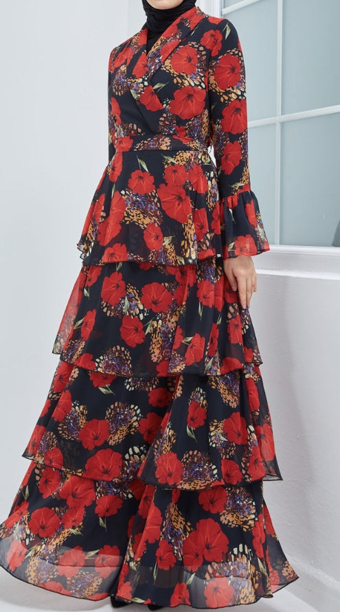 Dress Floral Chiffon Tiered Black / Red