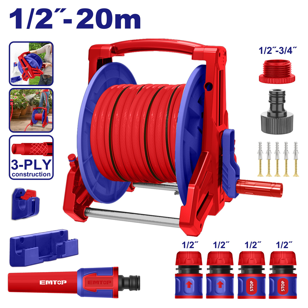 EMTOP Hose Reel with Hose and Adapter Set EHHR20124 20M 1/2"