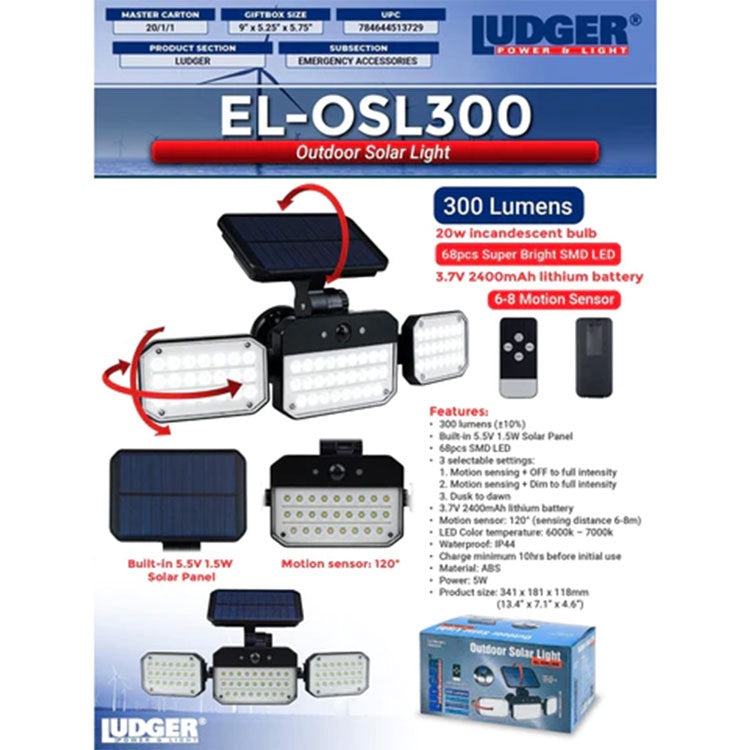 LUDGER Lamp LED Solar Motion Sensor EL-OSL300 Solar Light