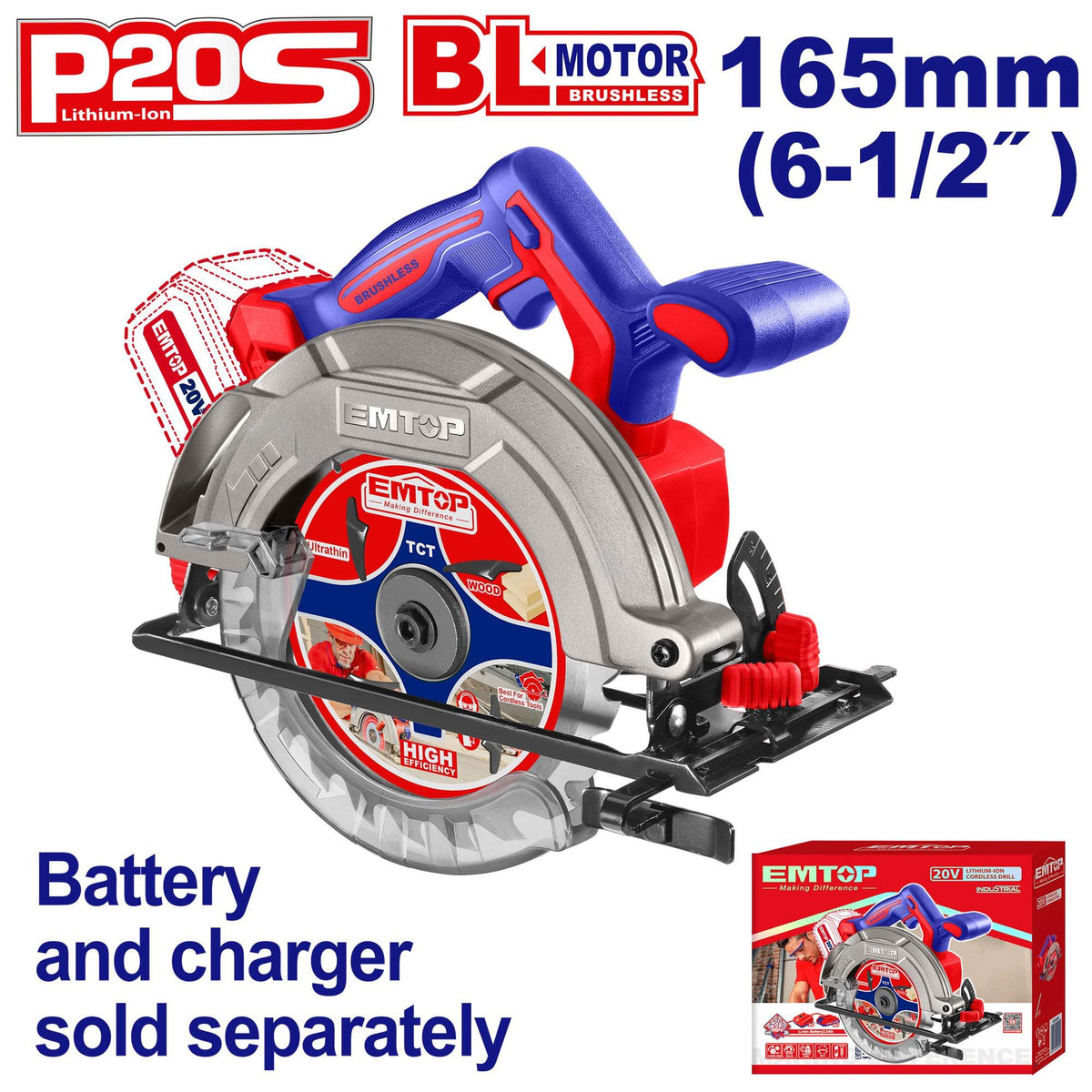 EMTOP Saw Circular ELCS1652 Cordless 20V Lithium Ion