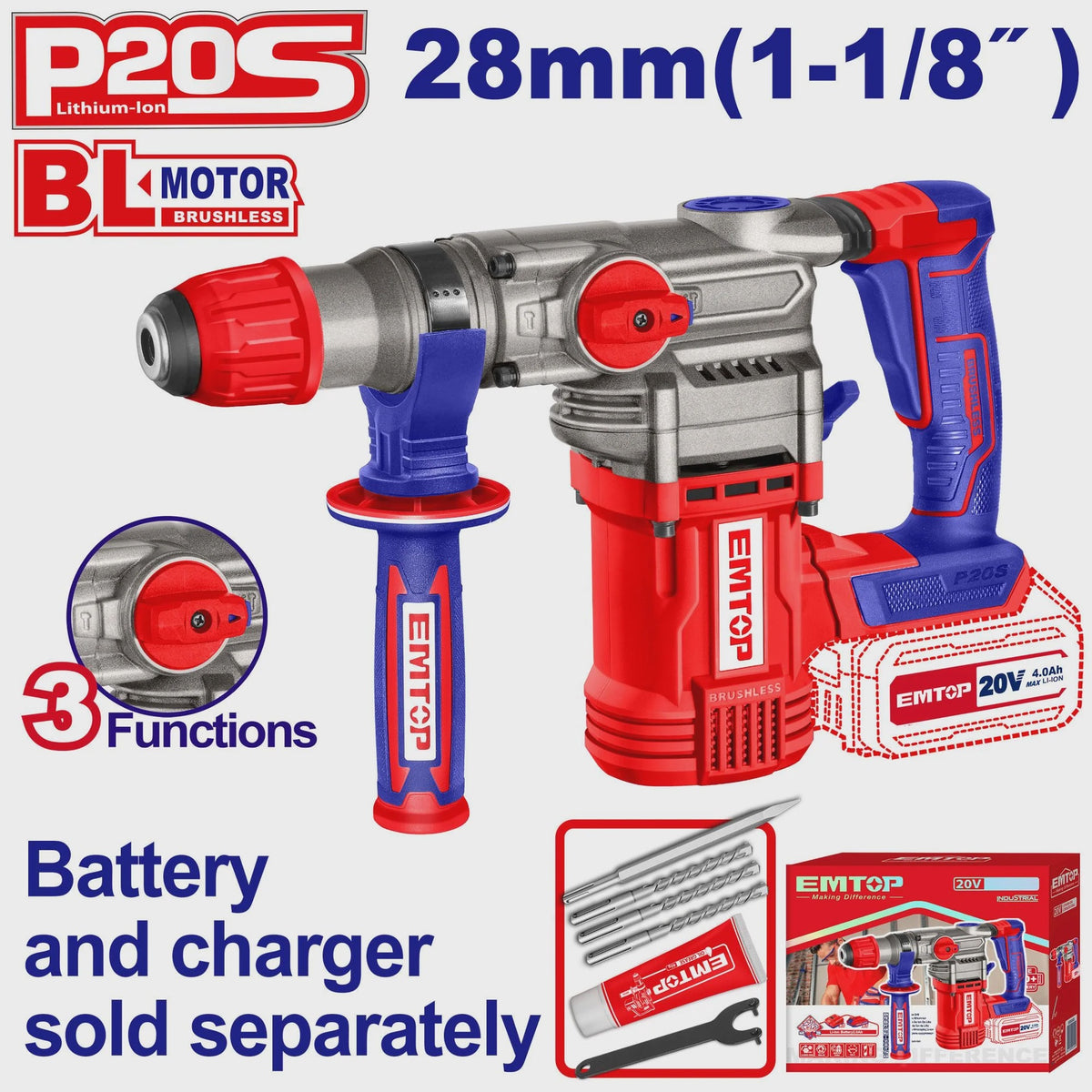 EMTOP Drill Gun ELRH20288 Rotary Hammer 20V Lithium Ion