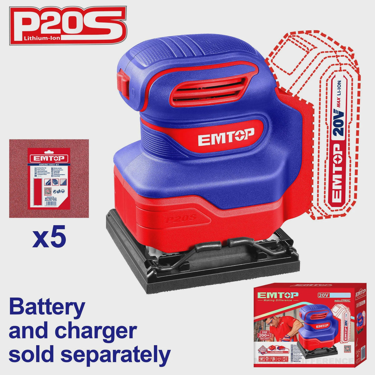 EMTOP Finishing Sheet Sander ELSHS2014 Palm 20V LITHIUM-ION