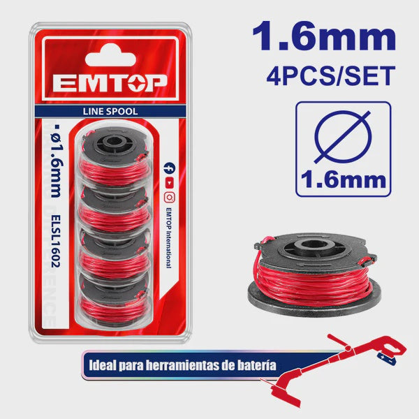EMTOP Grass Trimmer Brush Cutter Line Spool Cord 5M 1.6MM ELSL1602 4PCS Pack