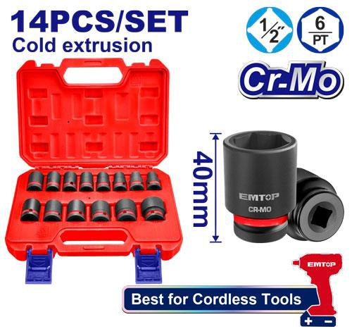 EMTOP Socket Set 14PCS 1/2" Impact EMSSD12141
