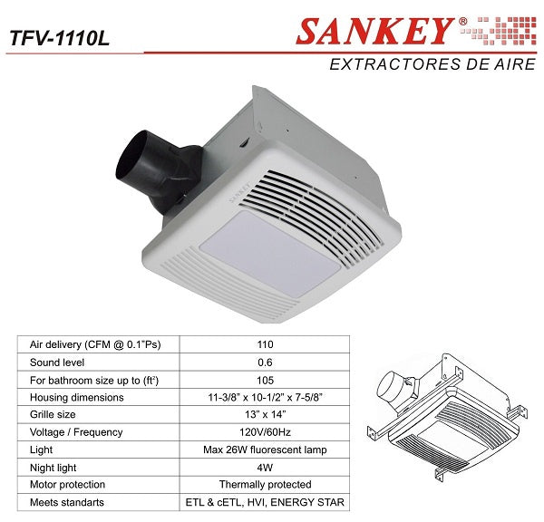 SANKEY Fan 10" Ceiling Extractor TFV-1110L 110V with Light
