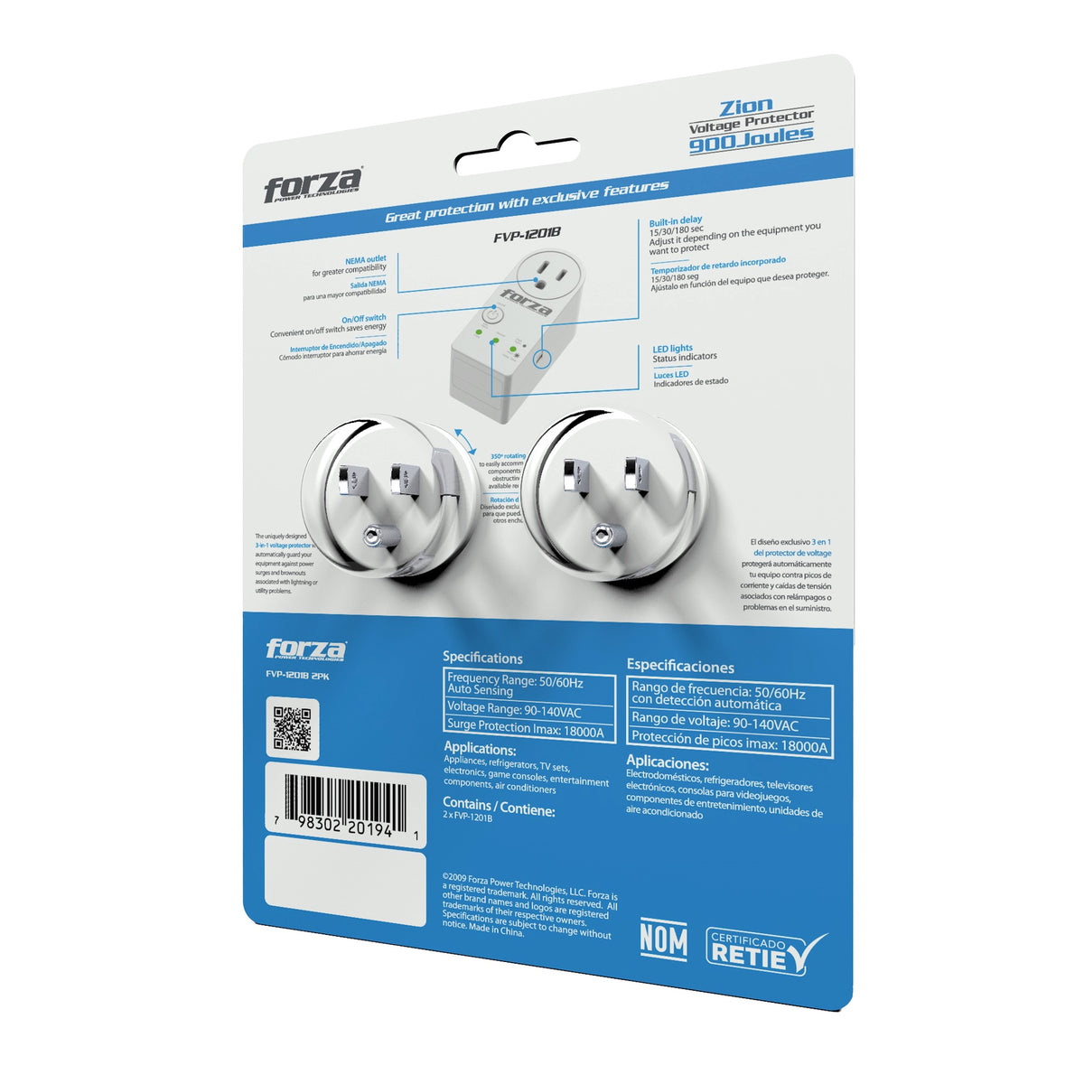 FORZA Protector Voltage FVP-1201B 2PK 2PCS Pack 900J 1800W White and White