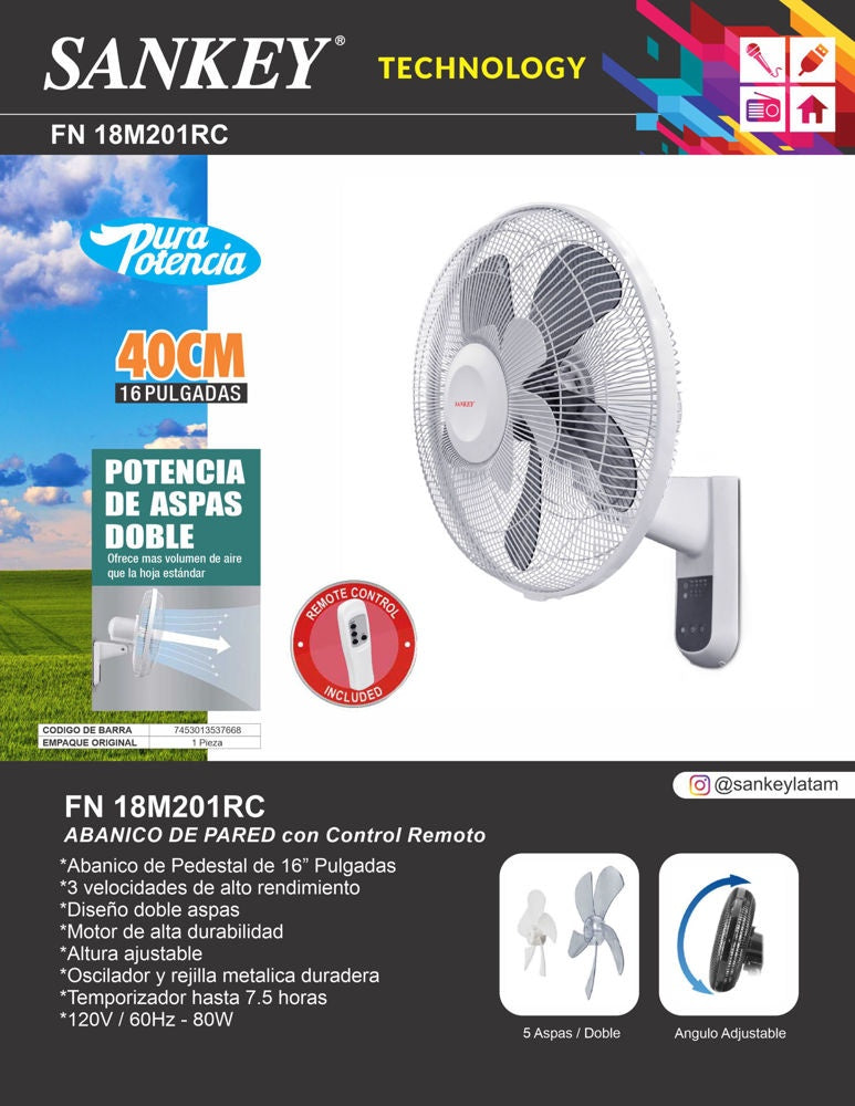 SANKEY Fan 16" Wall FN18M201RC with Remote 110V