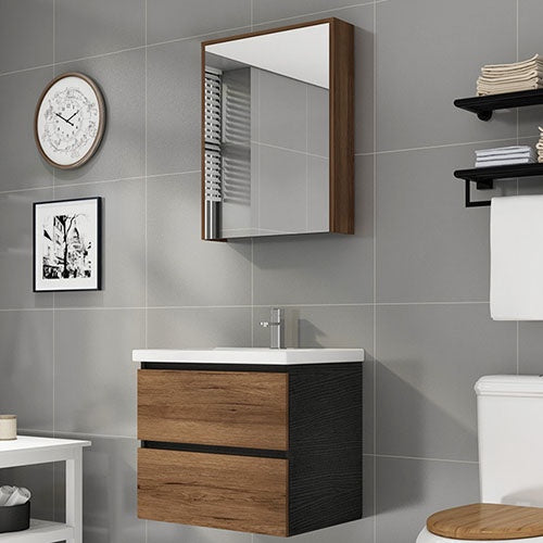 WOLLATON Bathroom Wall Hung Cabinet Brown with Mirror 2 Draws PVC 31.5"X18.5"X19.6" GNC-DC13B30H