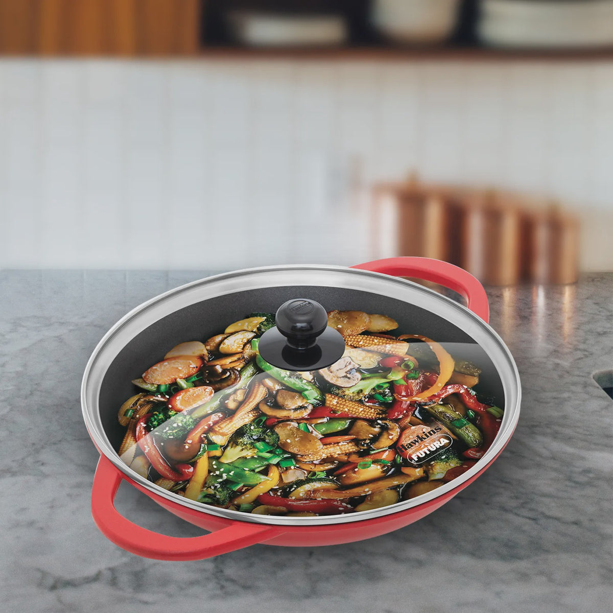 HAWKINS Pan IDCSK3G Die Cast Shallow Kadhai with Glass Lid 3L