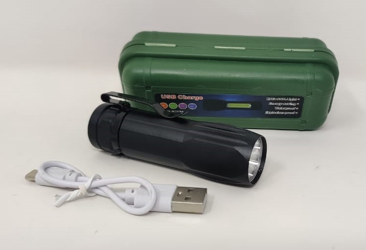 Torch Light LED IN Green Hard Case Ripple USB Charge Rechargeable XPE+COB.LIGHT