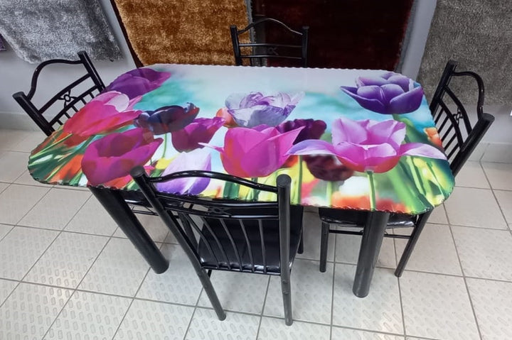 Glass Dining Table SA21 with 4 Chair Set Pink Flower