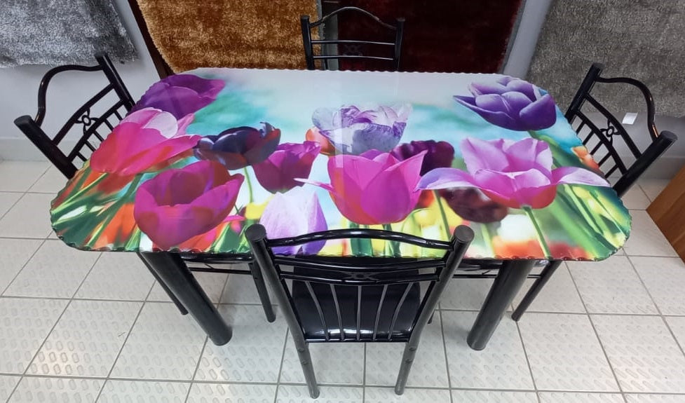 Glass Dining Table SA21 with 4 Chair Set Pink Flower