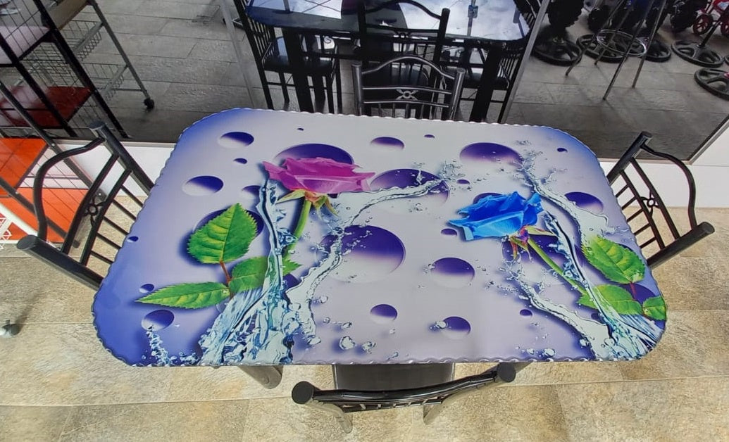Glass Dining Table AYT30 with 4 Chair Set Purple & Blue Flowers