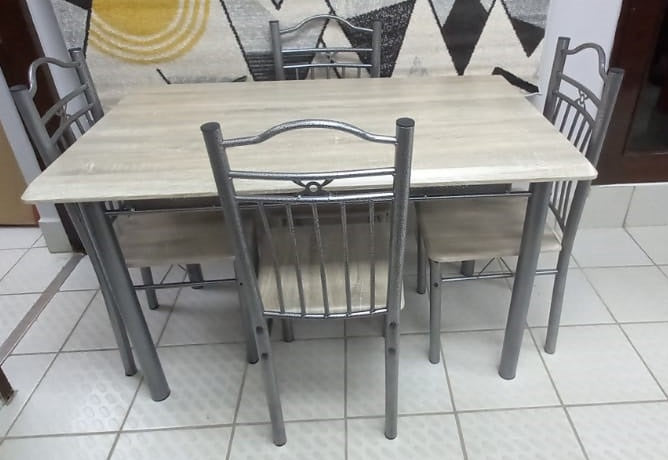 Wood Dining Table Popcorn Silver A-098 with 4 Chair Set Light Oak Wood Look