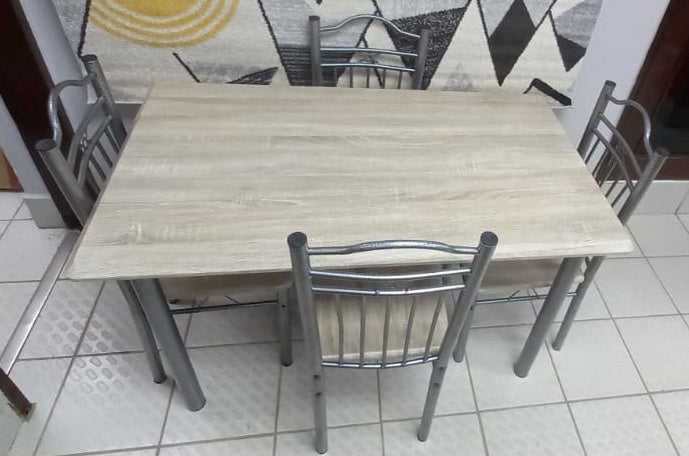 Wood Dining Table Popcorn Silver A-098 with 4 Chair Set Light Oak Wood Look