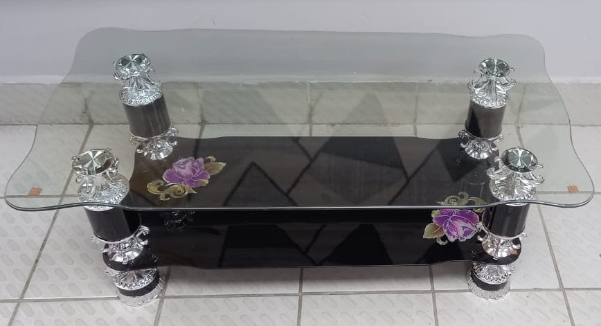 Glass Table #11 2021 Black & Chrome with Purple Flower