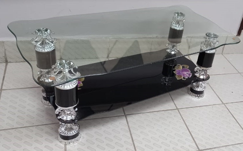 Glass Table #11 2021 Black & Chrome with Purple Flower