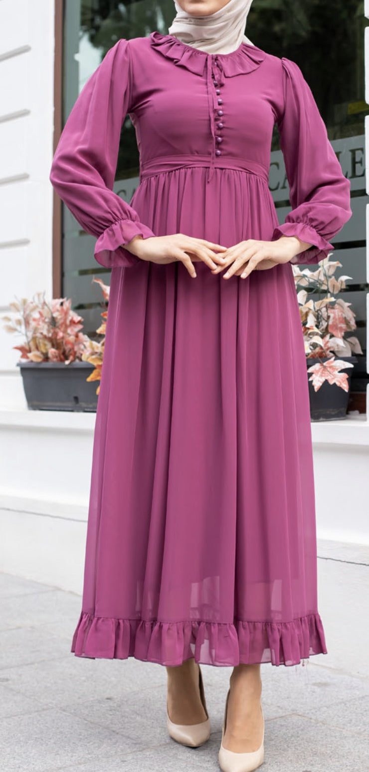 Dress Lined Chiffon Dark Pink Ruffle Detail
