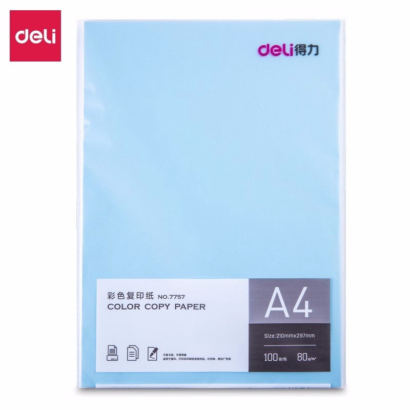 DELI Stationery Paper Color Copy 7757 A4 80G Light Blue 100 Sheet Pack
