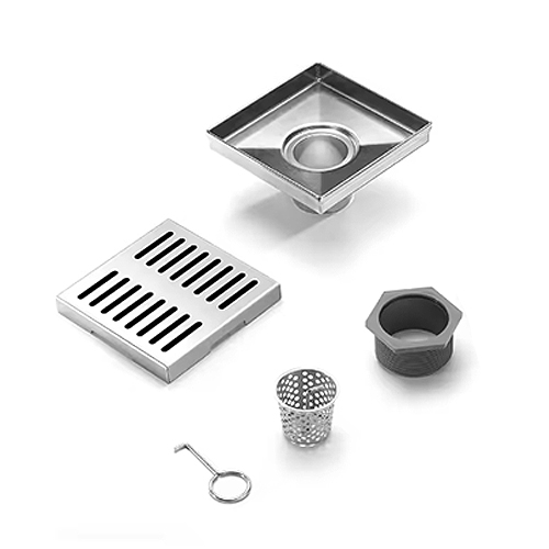KIOTTO Shower Drain 6" Stripe Stainless Steel Silver with Hair Filter #116S6