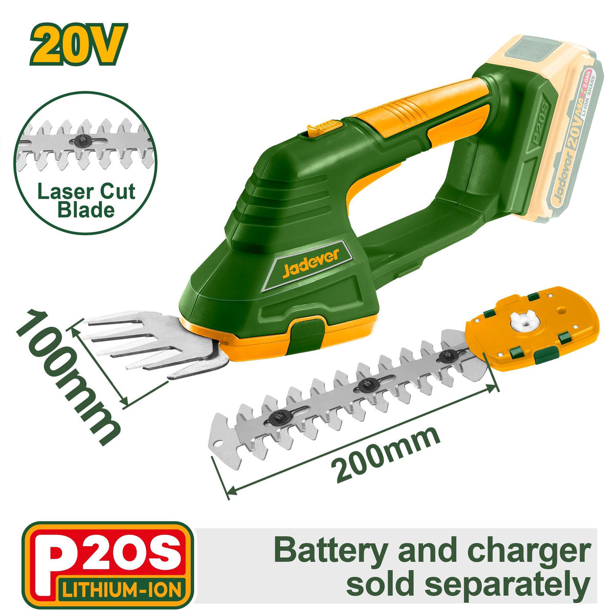JADEVER Hedge Trimmer Shear JDJC1520 Cordless 20V LITHIUM-ION Battery