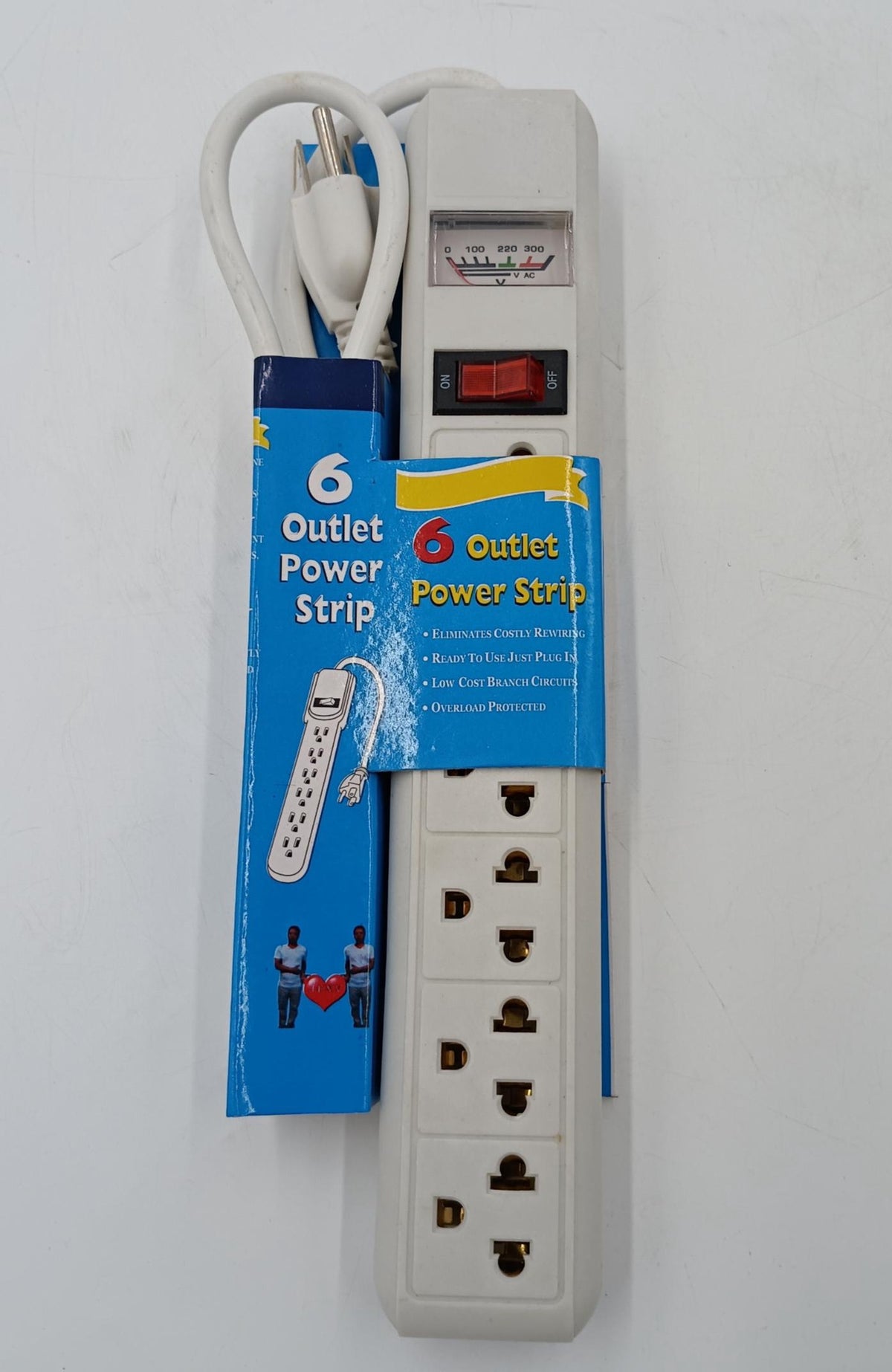 Power Strip 6 Outlet with Volt Meter Blue W/YELLOW Strip 125V