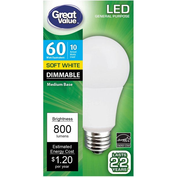 GREAT VALUE Bulb LED 10W A19 Dimmable 2700K Warm White