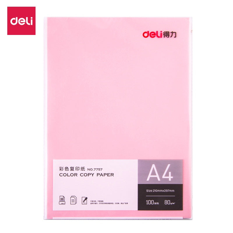 DELI Stationery Paper Color Copy 7757 A4 80G Pink / Light Red 100 Sheet Pack