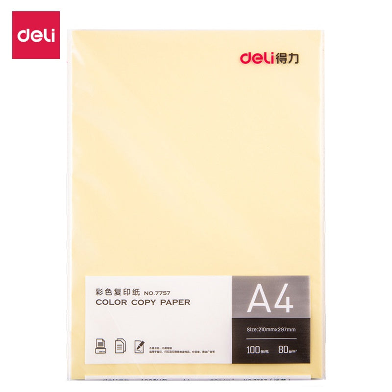 DELI Stationery Paper Color Copy 7757 A4 80G Light Yellow 100 Sheet Pack