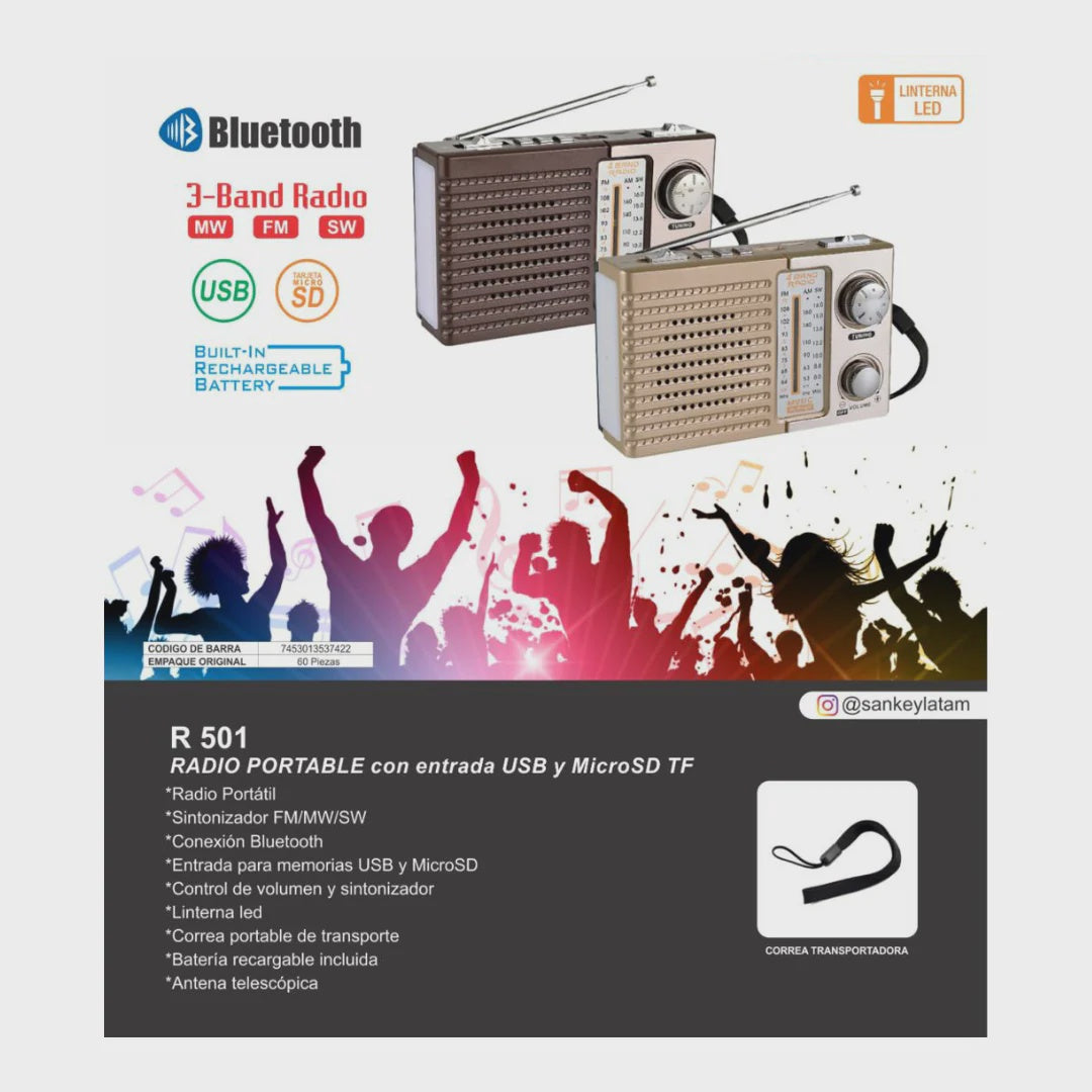 SANKEY Radio R-501 FM USB Sd Bluetooth Music Box Rechargeable